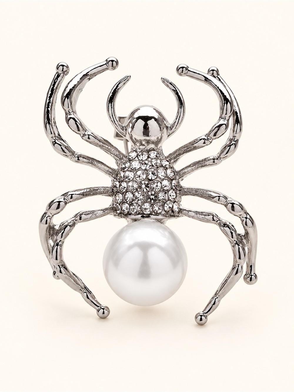 Silver Pearl Spider Crystal Brooch